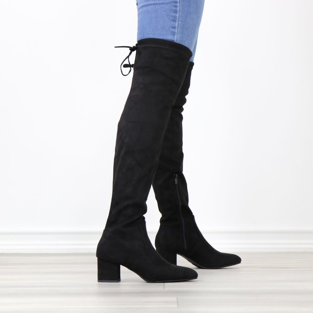 Black Faux Suede Pointy Toe Thigh High Over The Knee Low Block Heel Boots_5